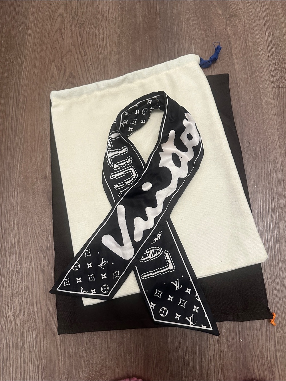 L V Black and White Logo Silk Bandeau Scarf
